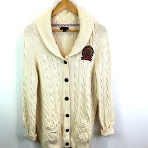 Tommy Hilfiger Cream crested Cable Knit Cardigan Sweater size L